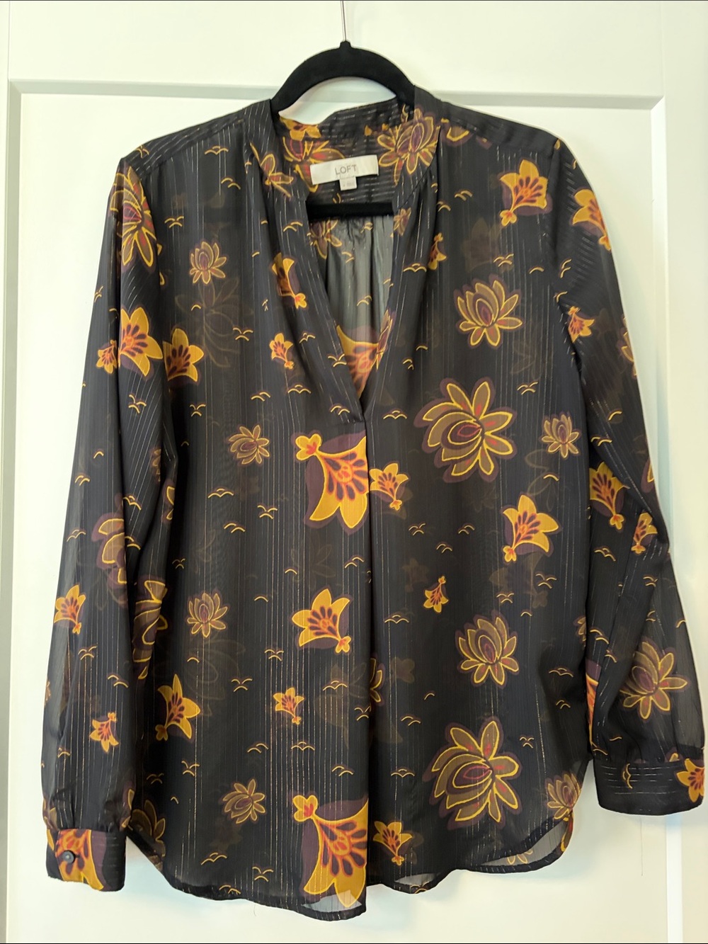 LOFT Black Blouse with Yellow-Orange Floral Print